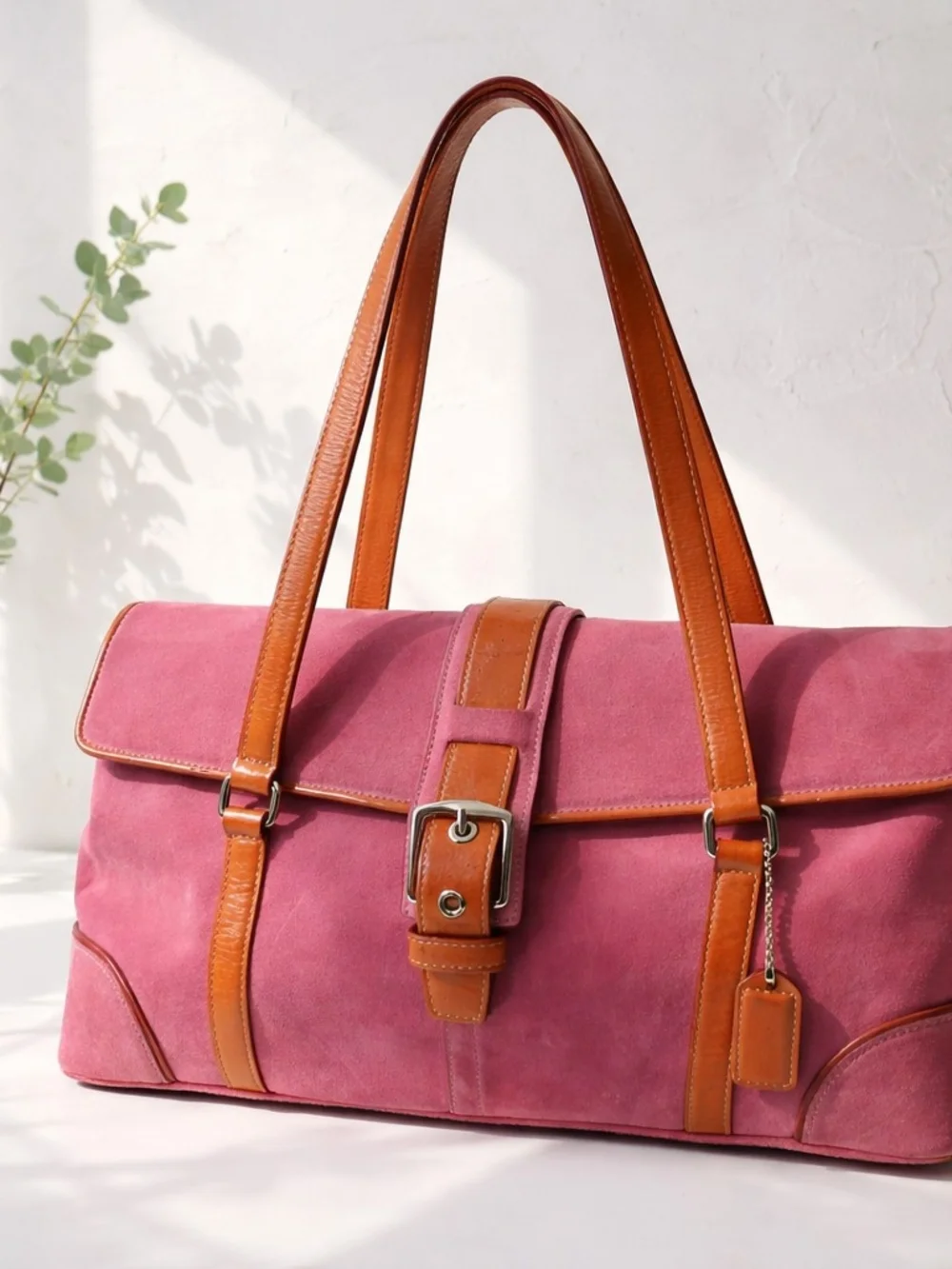 Coach Pink Suede Shoulder Bag with Tan Leather Trim - Picture 1 of 10